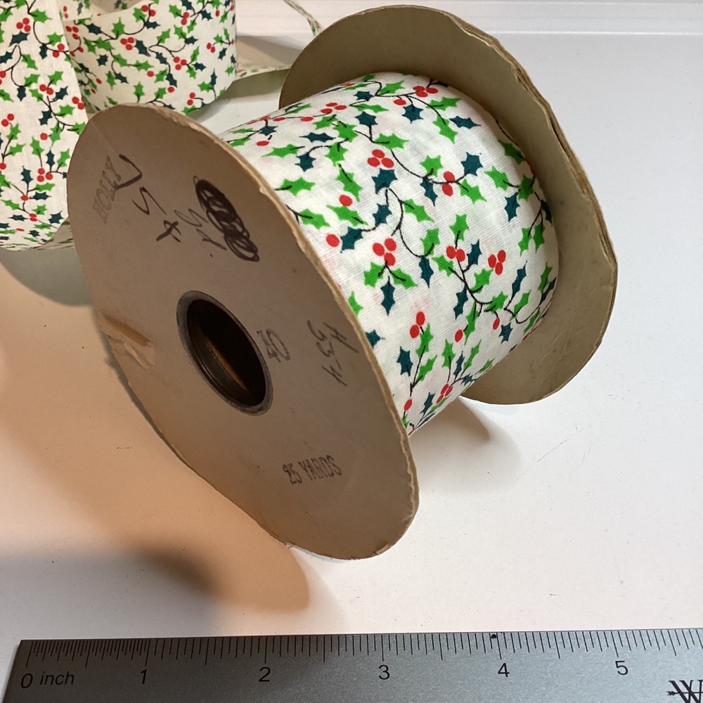 Vintage Christmas Holly Berry Fabric Ribbon 2.5 Inch Spool Holiday Decor 15 yard